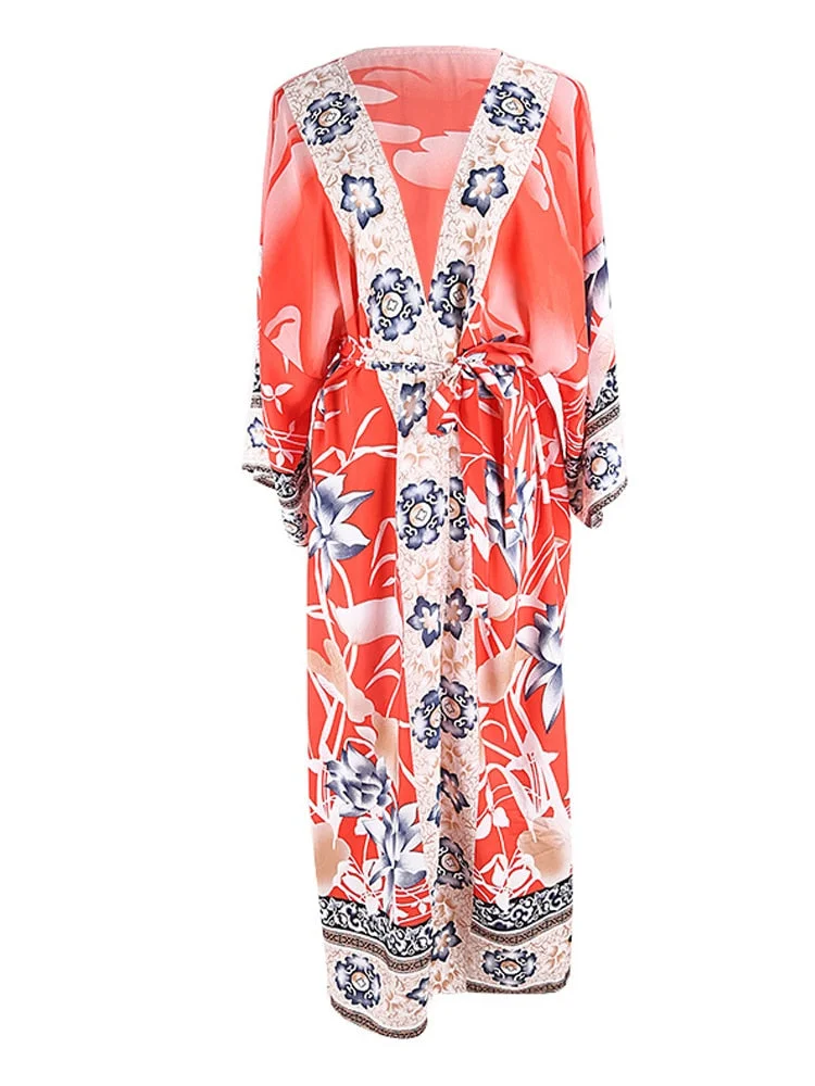 Fitshinling Oversize Beach Cover Up Kimono Vintage Print Floral Holiday Bikini Outing Boho Loose Long Cardigan Orange Covers New