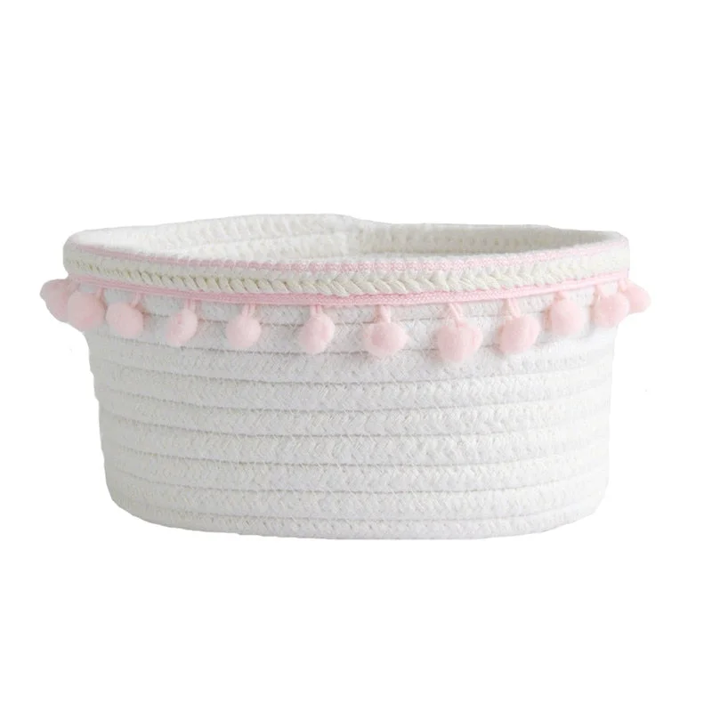 Cotton Rope Storage Baskets With Pompom Handmade Woven Dirty Clothes Laundry Basket Kids Toy Desktop Sundries Organizer Hamper