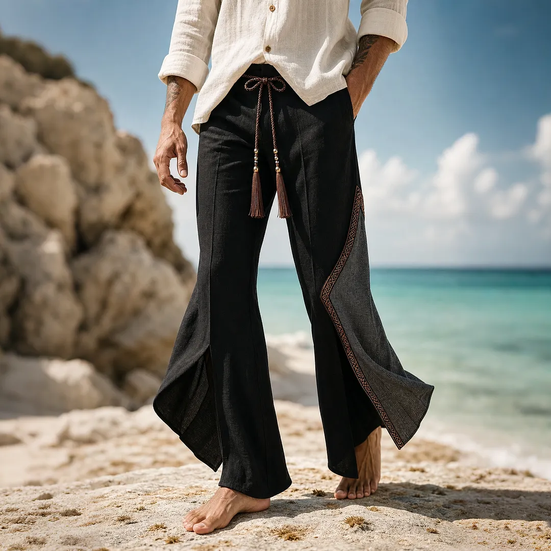 Bohemian Style Linen Blend Flared Trousers &ndash; Lightweight, Wide-Leg Pants With Embroidered Trim For Summer & Autumn Casual Wear-INSPIREUSE