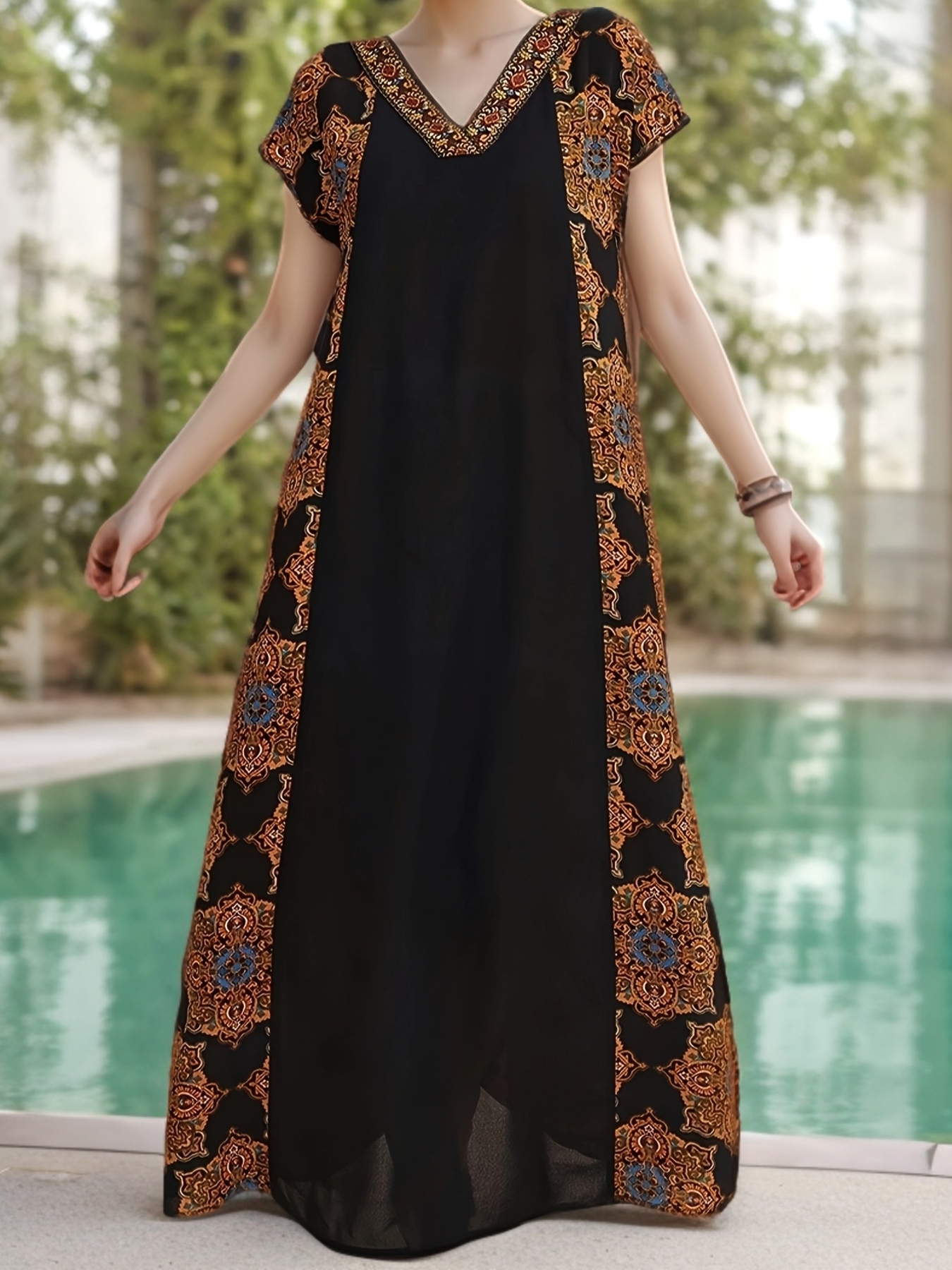 Polyester Vacation V-Neck Short Sleeve Geometric-Pattern Long Length Loose Fit Tunic Dress For Adult Women | IFYHOME