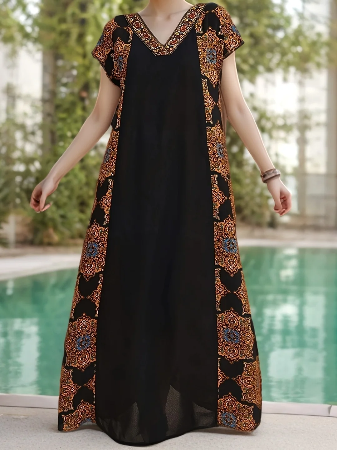 Polyester Vacation V-Neck Short Sleeve Geometric-Pattern Long Length Loose Fit Tunic Dress For Adult Women | IFYHOME