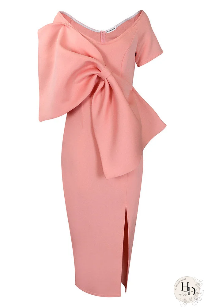 Vestido de fiesta formal fucsia inspirado en celebridades con lazo