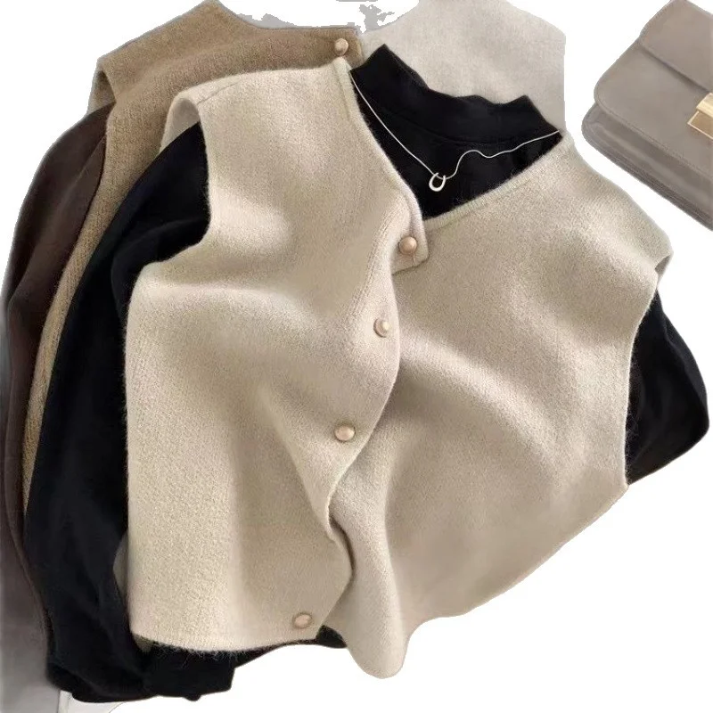Athvotar Athvotar Line Single Row Small Gold Button Round Collar Knitted Vest Cardigan Woman Sleeveless Shoulder Vest Top