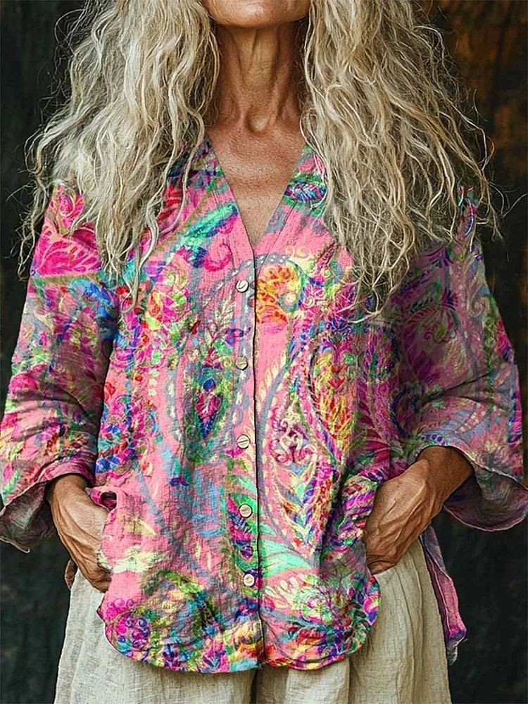 Women's Colorful Paisley Art Pattern Print Linen And Cotton V-neck Casual Shirt