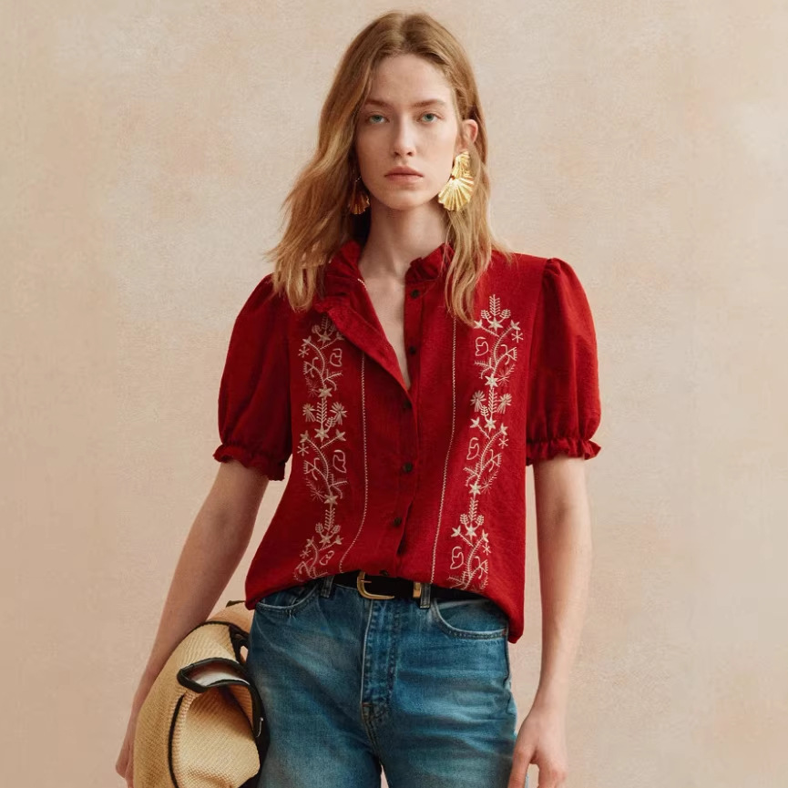 Floral Embroidered Ruffle Collar Puff Short Sleeve Blouse