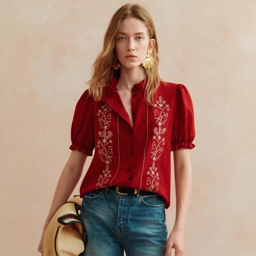 Floral Embroidered Ruffle Collar Puff Short Sleeve Blouse
