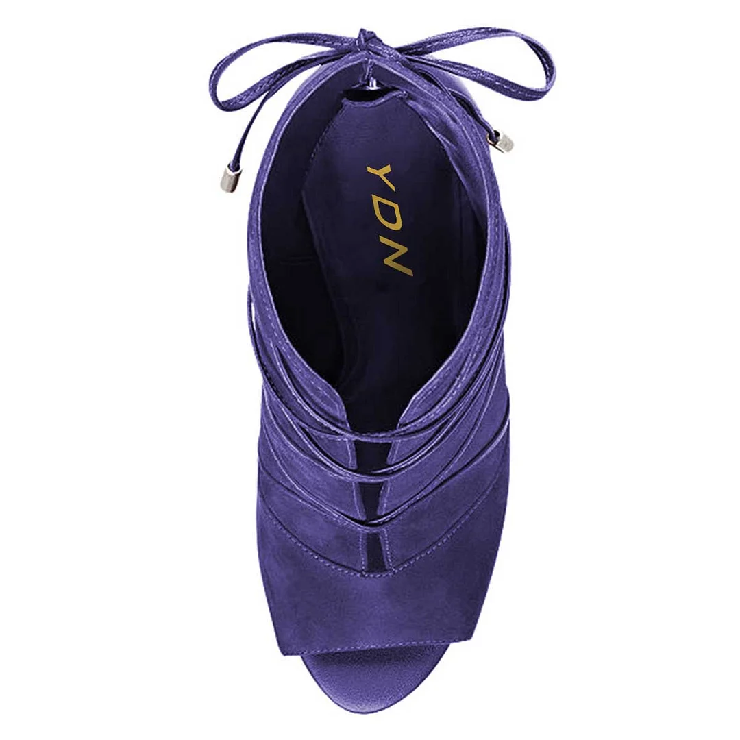 Blue Faux Suede Peep Toe Back-Zip Stiletto Heel Bow Ankle Booties