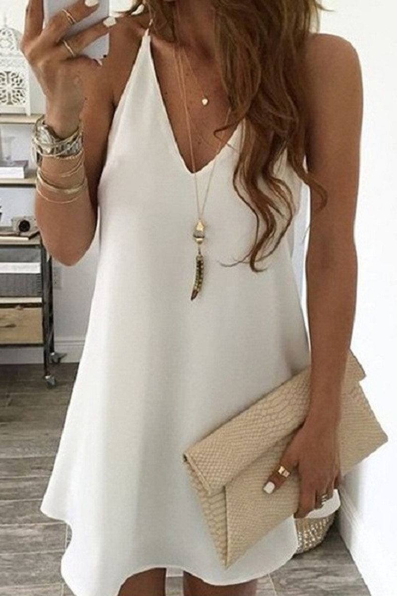 V-Neck Solid Color Sleeveless Midi Dress
