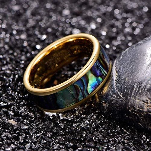 4MM 6MM 8MM Women's Or Men's Tungsten Carbide Wedding Matching Rings with Gold Multi Color Rainbow Abalone Shell Inlay
