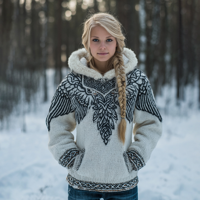Women's Vintage Viking Wing Celtic Art Cozy Knit Warm Hooded Sweater elevenforest