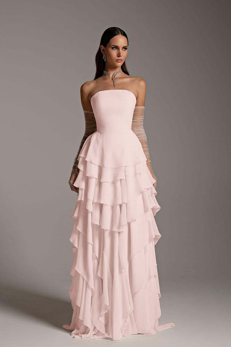 Hidais Charming Strapless Sleeveless Ruffles Long Prom Dress With Gloves