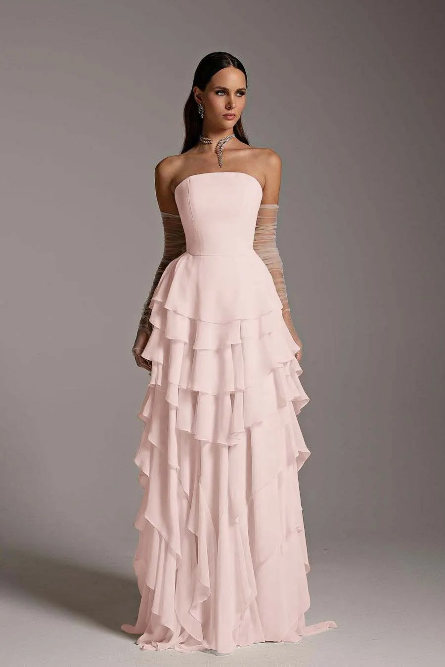 strapless open back dress Sweetheart Simple Blue Long Mermaid Prom Dress With Gloves – jkprom main image 0