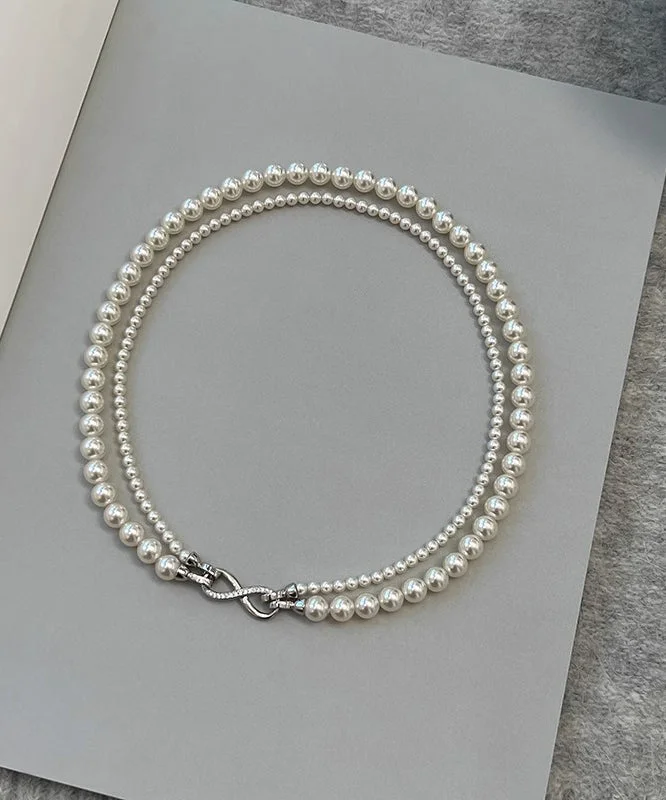 Simple Silk Sterling Silver Round Pearl Sweater Gratuated Bead Necklace