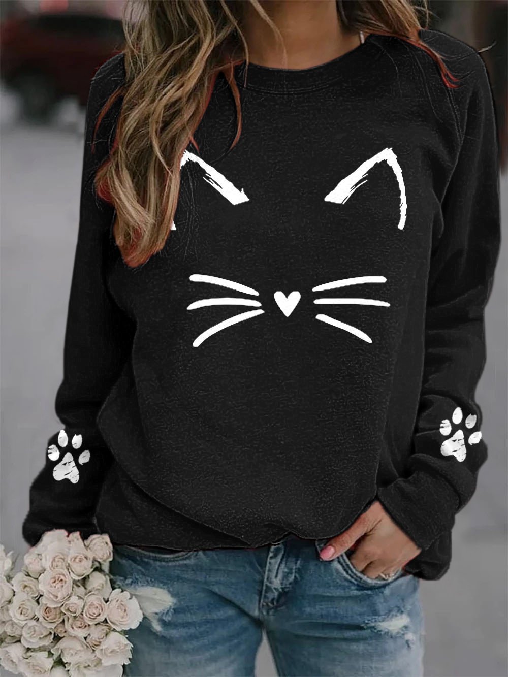 Women's Cute Cat Print Casual Sweatshirt
