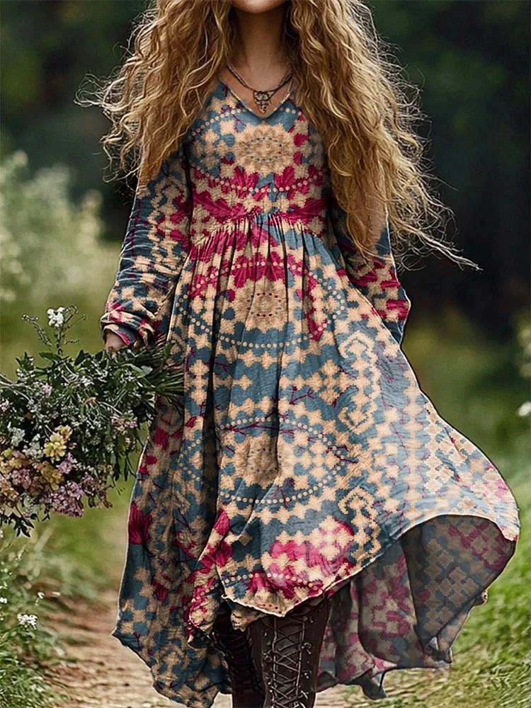 Women's Vintage Pattern Print Pocket Cotton Dress