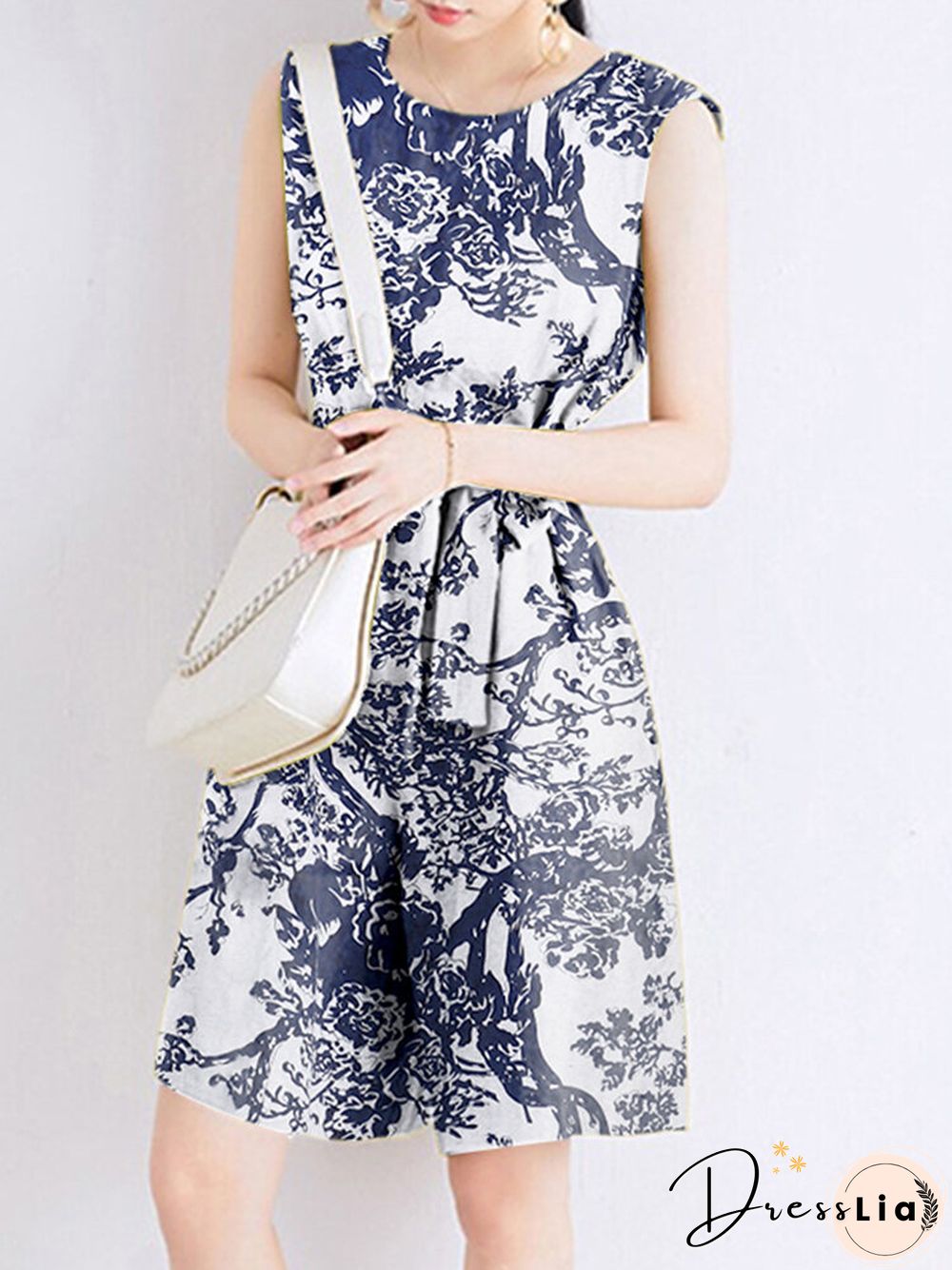 Plants Print Pocket Sleeveless Crew Neck Belt Romper