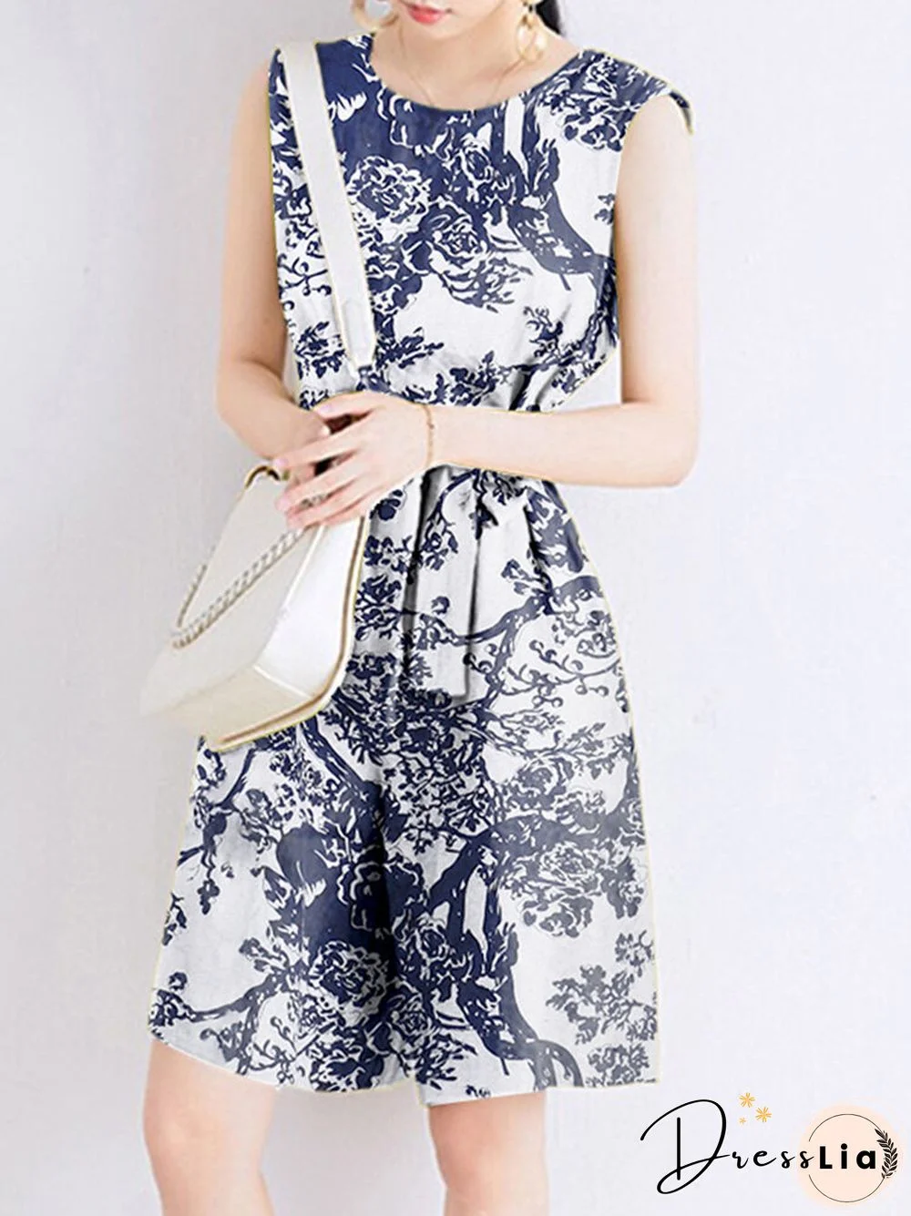 Plants Print Pocket Sleeveless Crew Neck Belt Romper