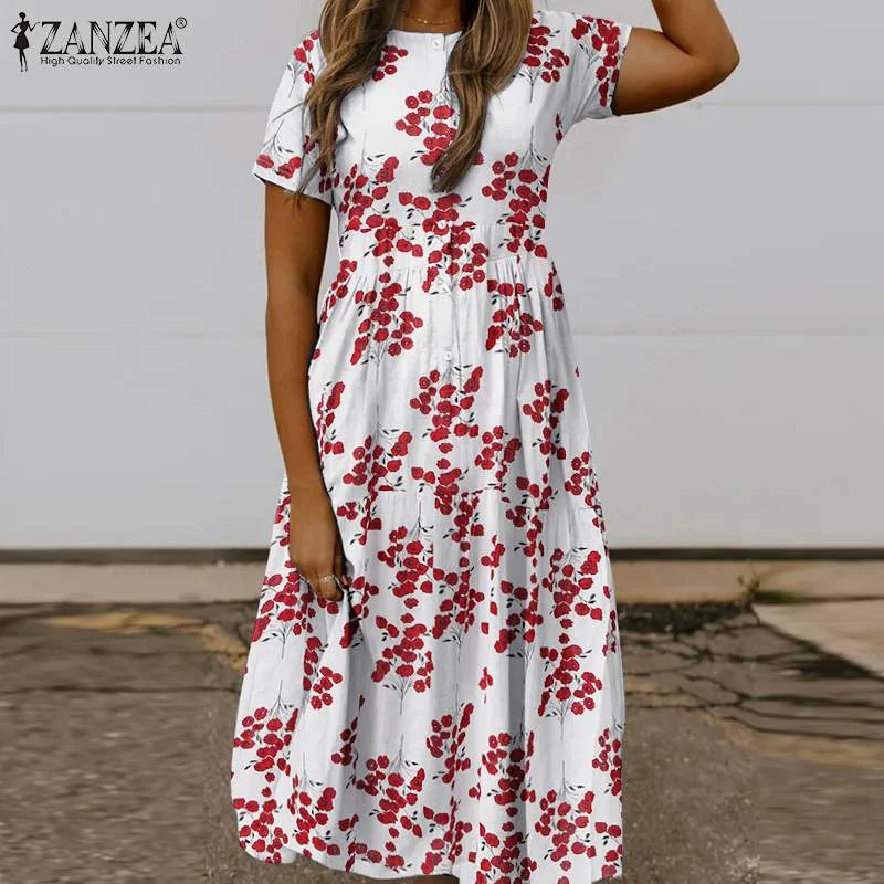 Women Summer Sundress ZANZEA 2022 Kaftan Solid Shirt Dress Casual Short Sleeve Midi Vestidos Female High Waist Robe Oversized