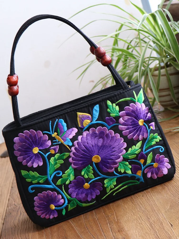 Fashion Allover Floral Beads Decor Canvas Handbag Clutches Bag