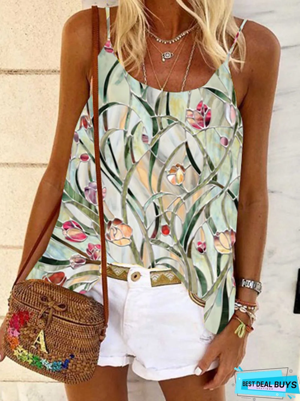 Floral-Print Cotton-Blend Sleeveless Casual Tops