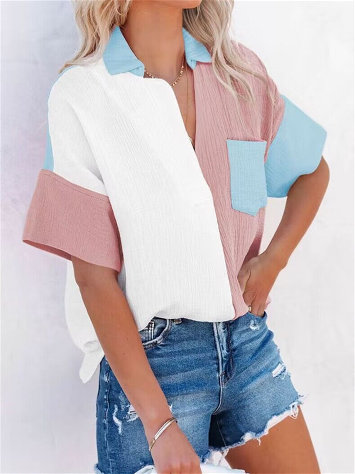 Summer Temperament Commuter Fashion Shirt Colorful Pockets Casual Loose Type Short-sleeved Shirt Female