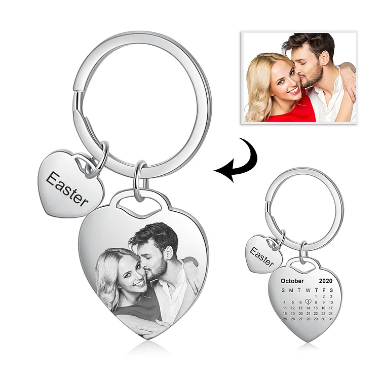 2 Names-Personalized Keychain Custom Photo Heart-Shape With Calendar