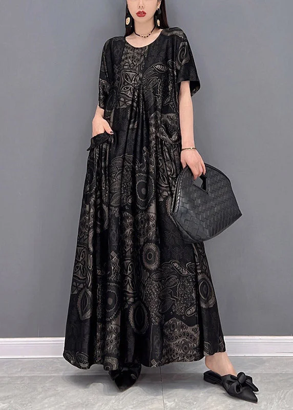 Beautiful Black O-Neck Print Pockets Long Dresses Short Sleeve