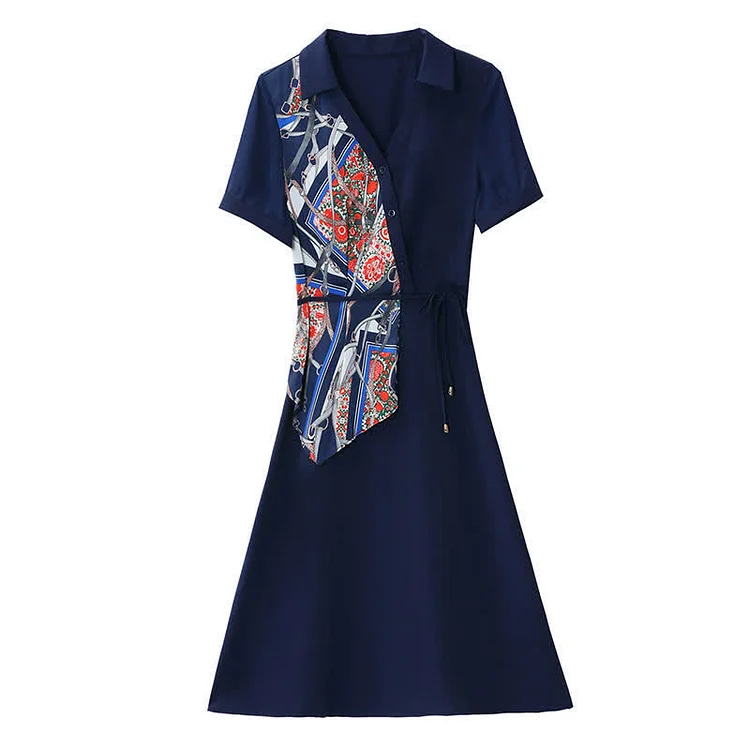 Printed Short Sleeve Lace Up V-neck Dress - Modakawa modakawa