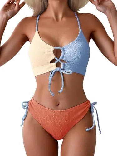 Women's Sexy Bikini Set Color Block Lace Up 2 Piece Bathing Suit Tie Side Swimsuit