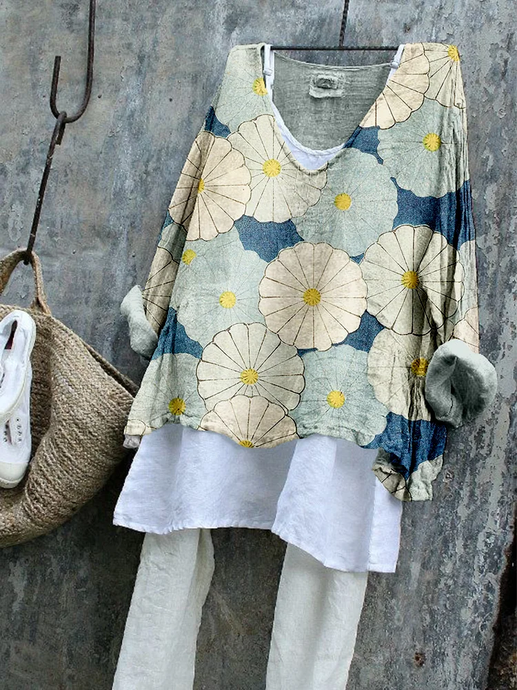 Japanese Boho Flowers Art Linen Blend Flowy Tunic