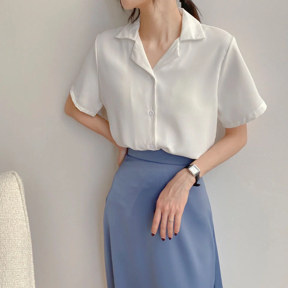 Brownm Brownm Spring And Summer College Style Retro Korean Version Of Professional Suit Collar Turn Students Short Sleeve Shirt Female Pure Color Top Female