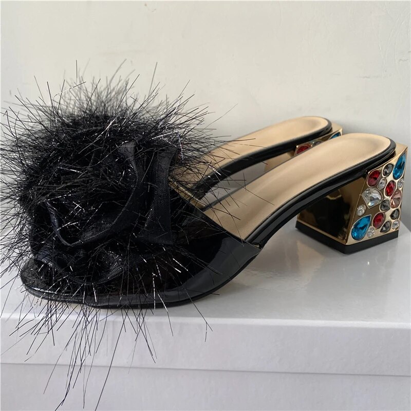 VCSHOES Sequins Bling Flower Women Sandals Diamond Square Heel Patent Leather Slingbacks Shoes