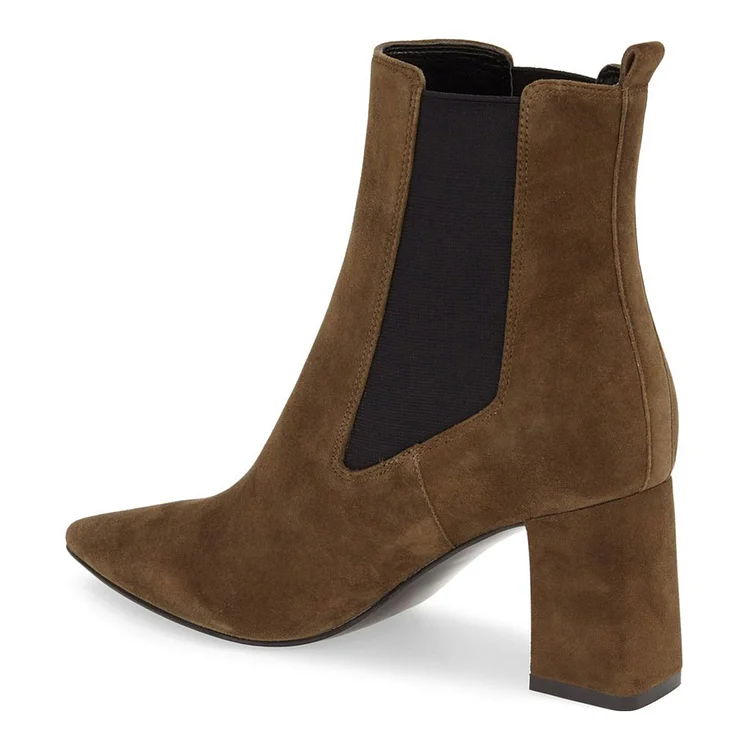 Brown Suede Pointy Toe Chelsea Boots with Chunky Heel Vdcoo