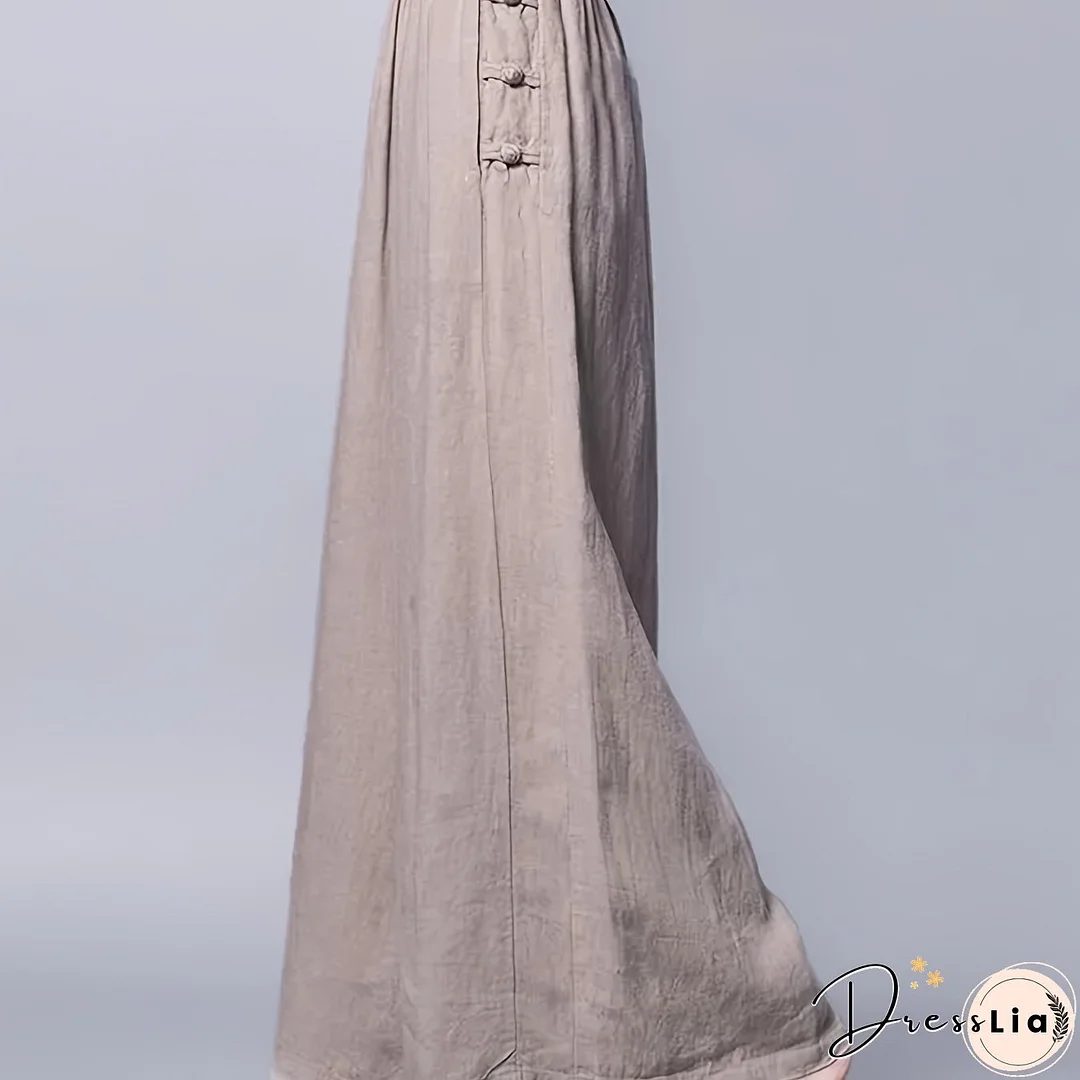 Solid Wide Leg Pants, High Waist Chinese Retro Style Drape Pants For Spring & Summer, Women's Clothing