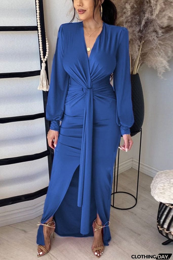 Deep V Neck Slit Hem Knotted Maxi Dress