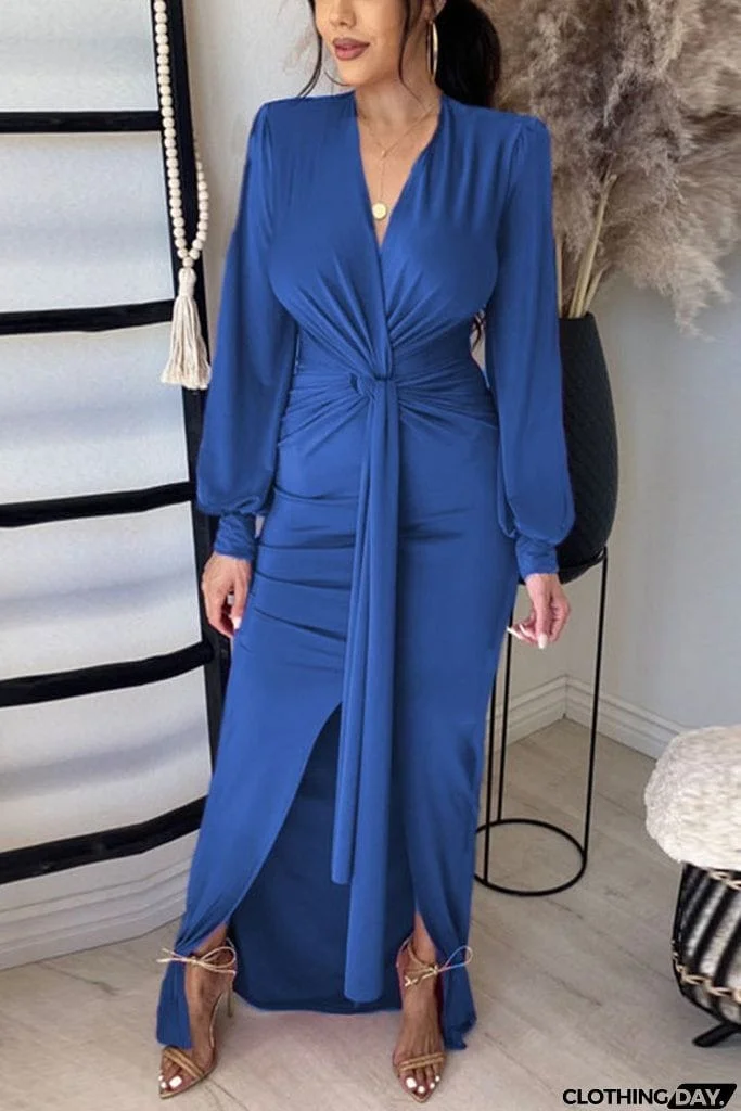 Deep V Neck Slit Hem Knotted Maxi Dress