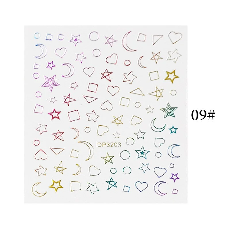 English Letter Design 3D Nail Stickers Iridescent Geometrics Gold Stars Moon Transfer Nail Art Sliders Decoration Accessories-Nail Inspo