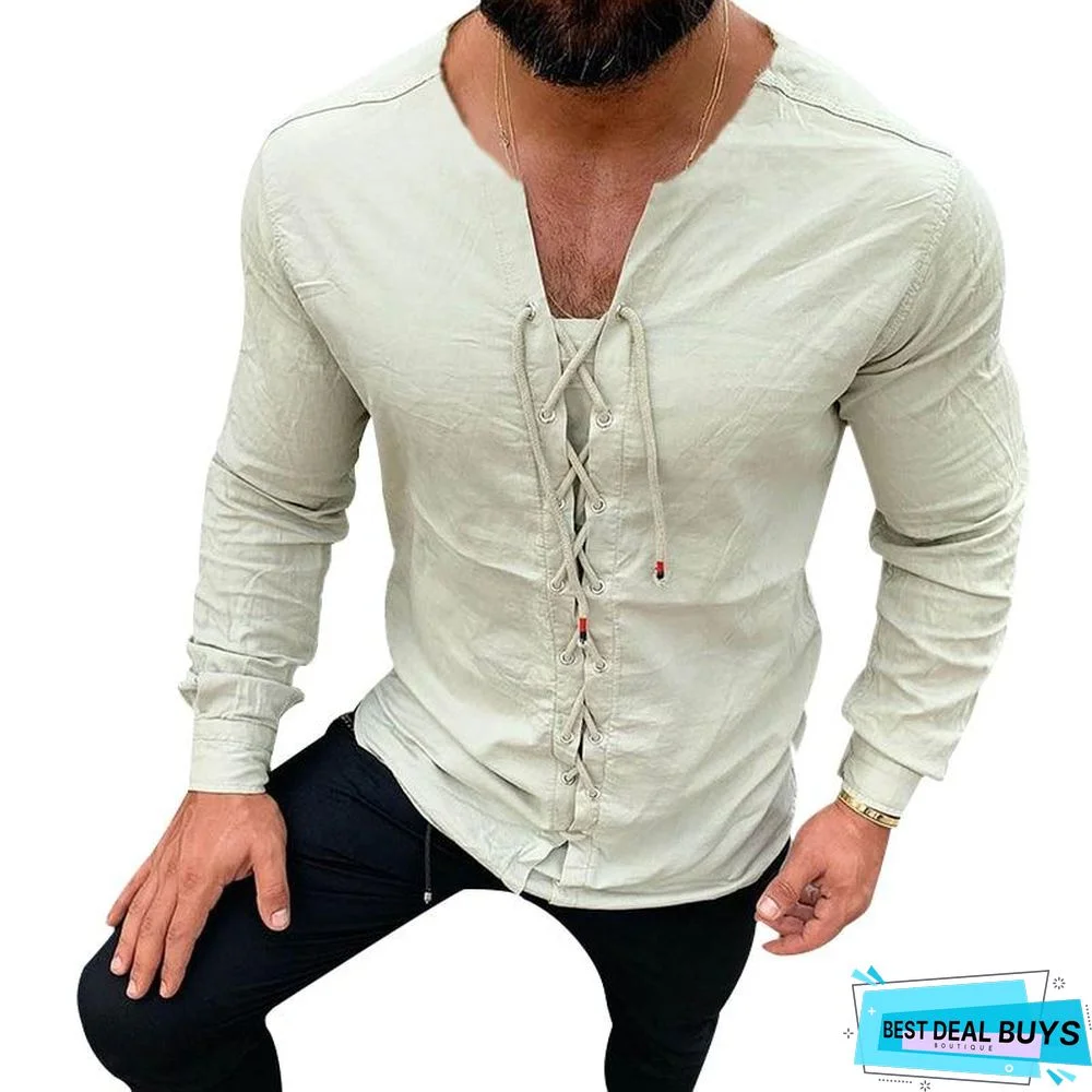 Men's Casual Pure Color Tether Cotton Linen Shirts Slim Fit Social Round Neck Blouses Top