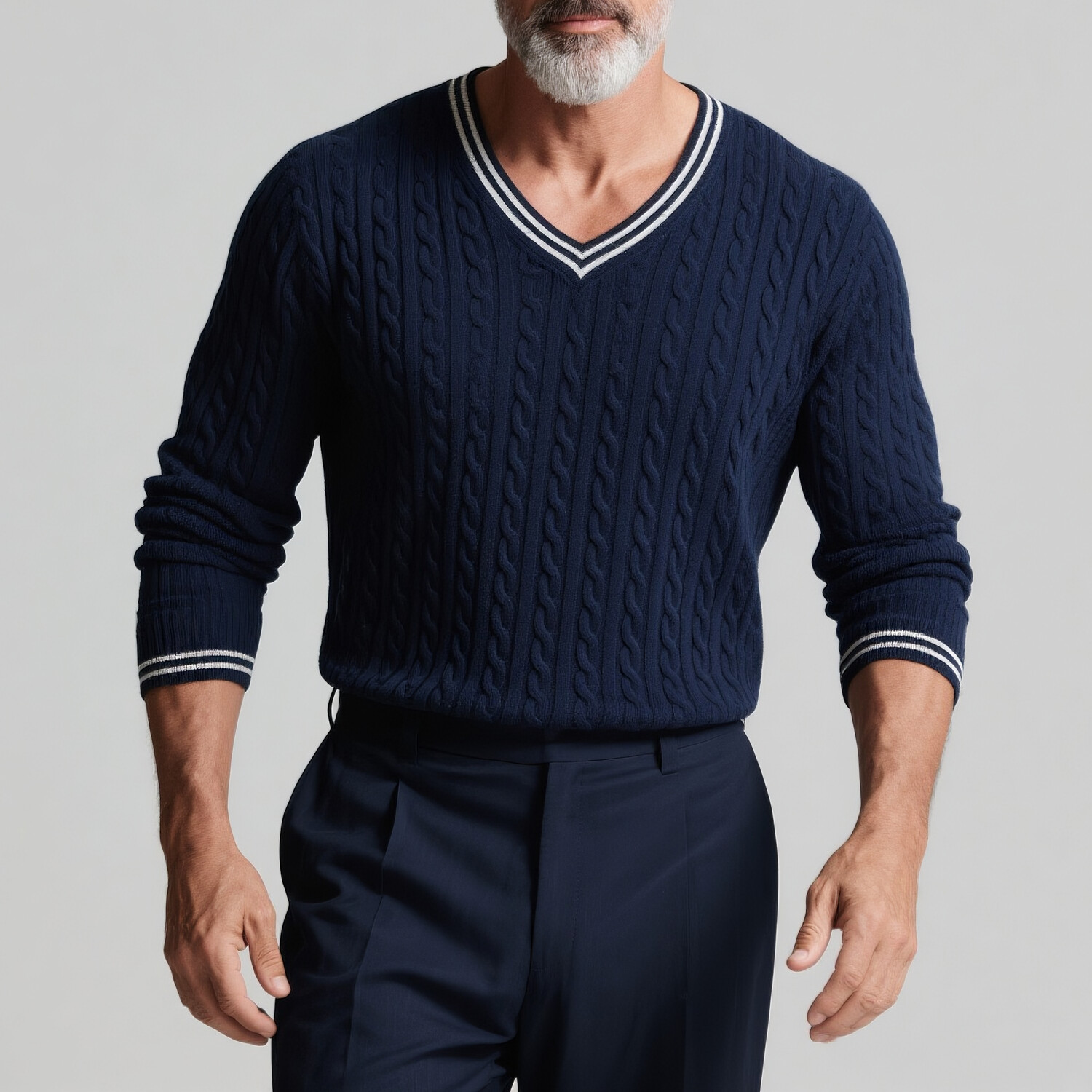 Men's Contrast Stripes Cable Knit V Neck Long Sleeve Sweater