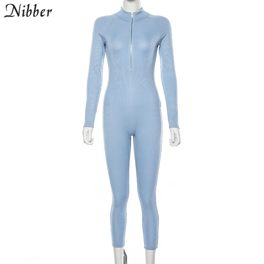 Nibber autumn winter Solid color jumpsuits women full sleeve high street casual blue V-neck stretch Slim Active jumpsuits mujer