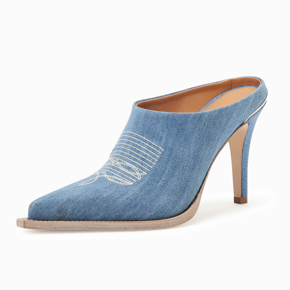 Blue Denim Pointed Toe Slip-On Stiletto Heel Western Mules Nicepairs