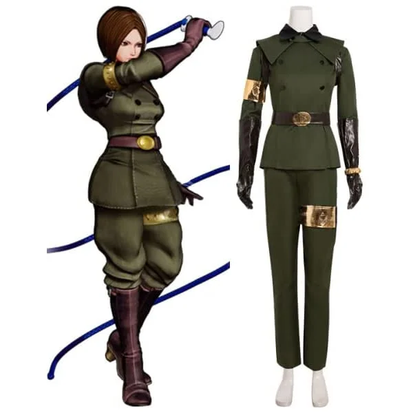 Women's The King of Fighters Whip Cosplay Costume Battle Suit XX-Large Army Green Top and Pants