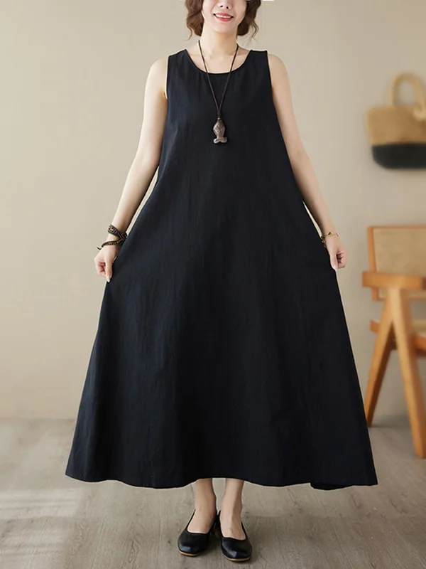 Loose Sleeveless Solid Color Round-Neck Midi Dresses