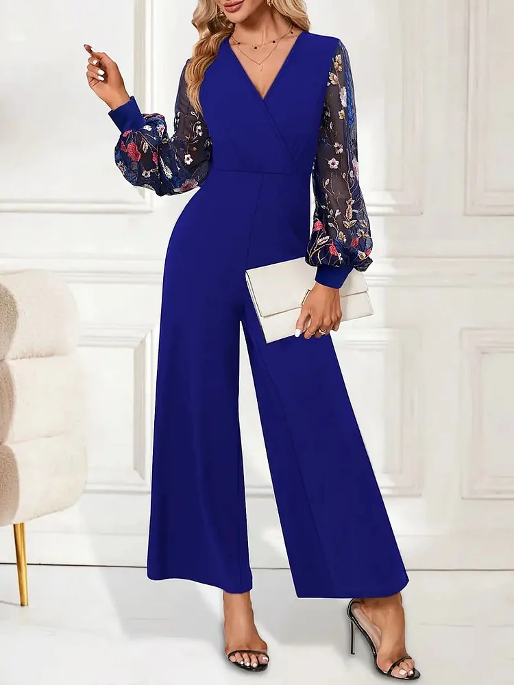 Women's Party Jumpsuit Sexy V-Neck Embroidered See Through Long Sleeve Wide Leg Jumpsuit