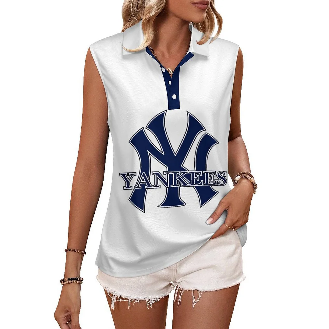 V-neck Sleeveless Casual POLO Shirt Tank Top for Women Printed with Pattern ,Blue