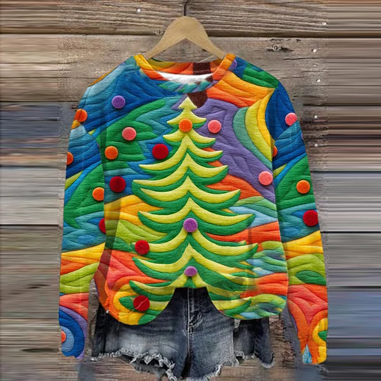 VChics Abstract Christmas Tree Print Sweatshirt