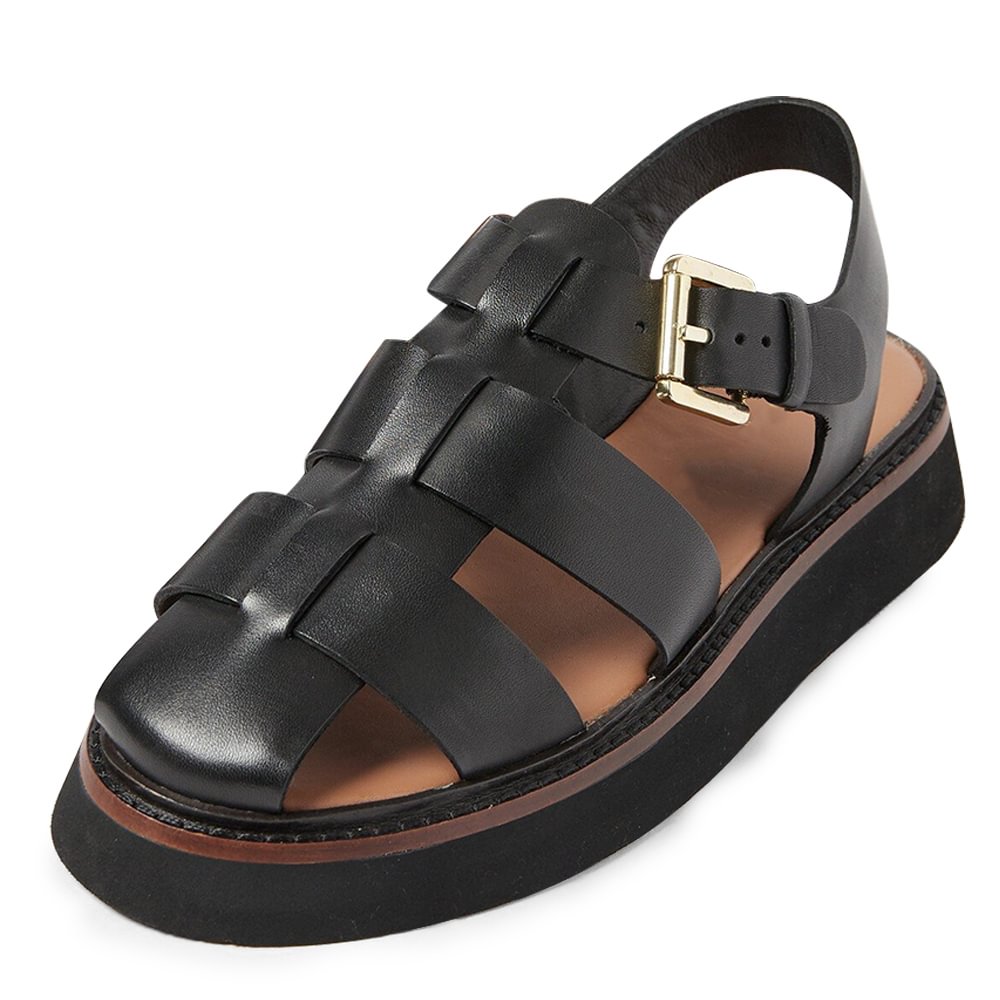 Black Leather Sandals With Strapy Fish Man Flats Sandals Nicepairs