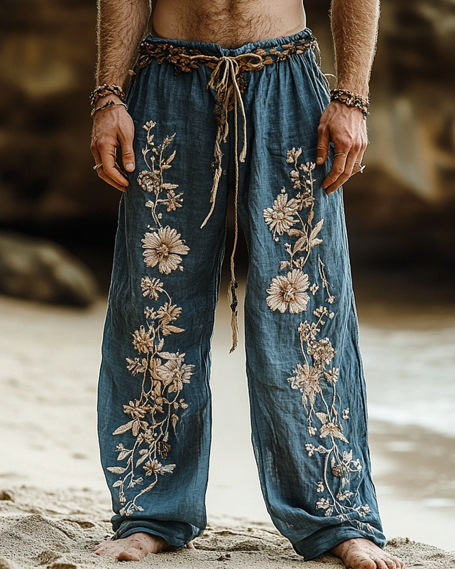 Men's floral embroidered cotton and linen casual trousers  d2ae