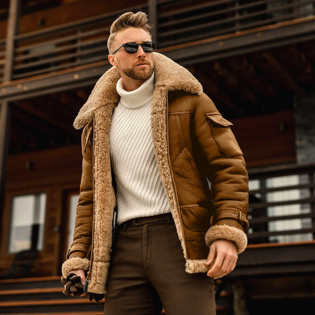 Men's Plus Size Frosted Fleece Plain Composite Leather Jacket Thick Coat Woolen Coat