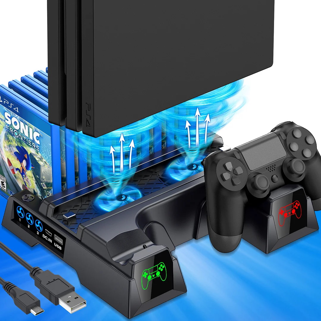 DinoFire PS4 Stand Cooling Fan for PS4 Slim/PS4 Pro, Vertical Stand Cooler with Dual Controller Charge Station-Black